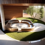 Conversation pit on the first floor with floor to roof windows and trees to embed nature