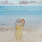 Modern love pamphlet (3 - tiny love story person: mom hugging baby at the beach)